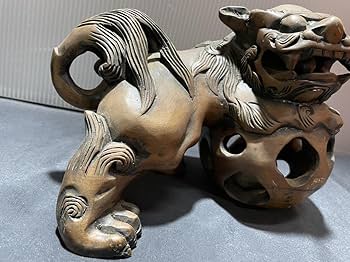 Amazon.co.jp: 時代物玉獅子唐獅子仏教美術木彫細密彫刻置物ペア